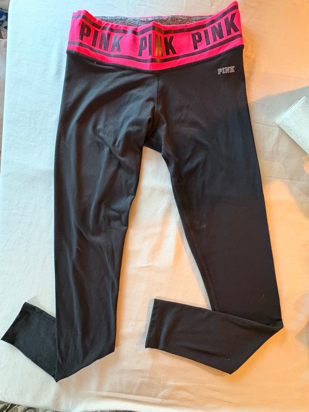 PINK Victoria's Secret Black Leggings with Hot PINK  Logo Waistband.